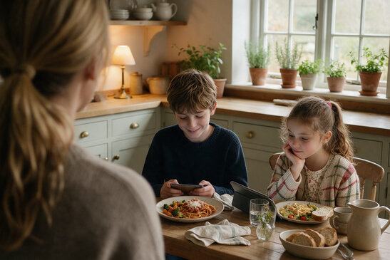 A family dinner table in a warm country kitchen in the early evening. In the for