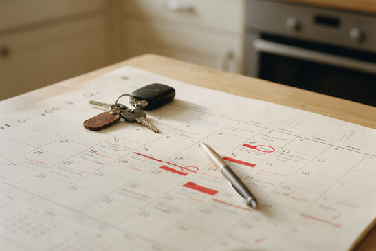 A large paper family wall calendar lying flat on a wooden kitchen table photogr